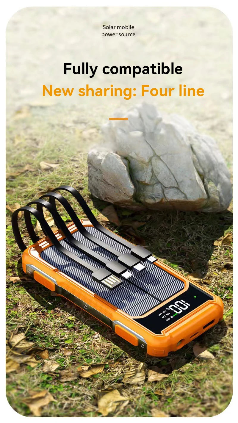 Solar Power Bank Portable 100000mAh Large Capacity Charger Fast Charging With Four Cables LED Lights Digital Display For Phones - Fortunato Store