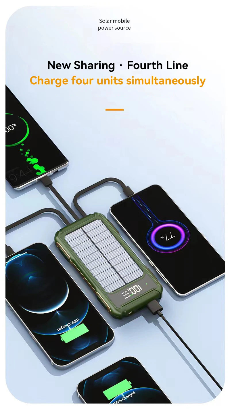 Solar Power Bank Portable 100000mAh Large Capacity Charger Fast Charging With Four Cables LED Lights Digital Display For Phones - Fortunato Store