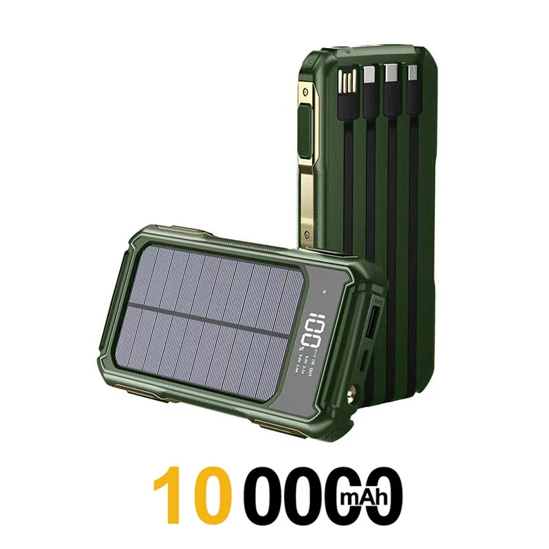 Solar Power Bank Portable 100000mAh Large Capacity Charger Fast Charging With Four Cables LED Lights Digital Display For Phones - Fortunato Store