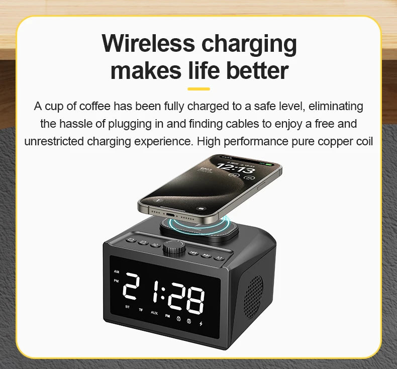 S31 Bedside Alarm Clock Radio with USB Charger, Bluetooth Speaker, FM radio,Wireless Charging & LED Display Auto Time Setting - Fortunato Store