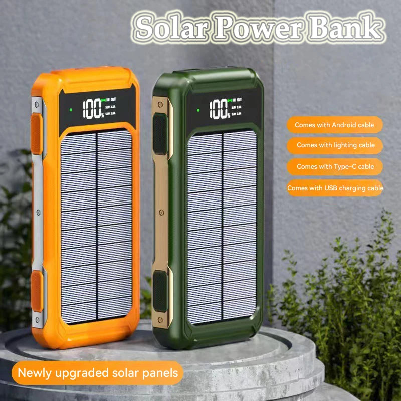 Solar Power Bank Portable 100000mAh Large Capacity Charger Fast Charging With Four Cables LED Lights Digital Display For Phones - Fortunato Store