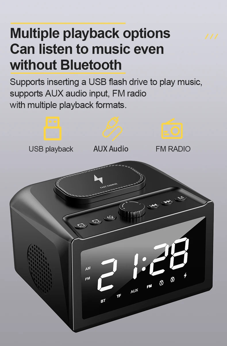 S31 Bedside Alarm Clock Radio with USB Charger, Bluetooth Speaker, FM radio,Wireless Charging & LED Display Auto Time Setting - Fortunato Store