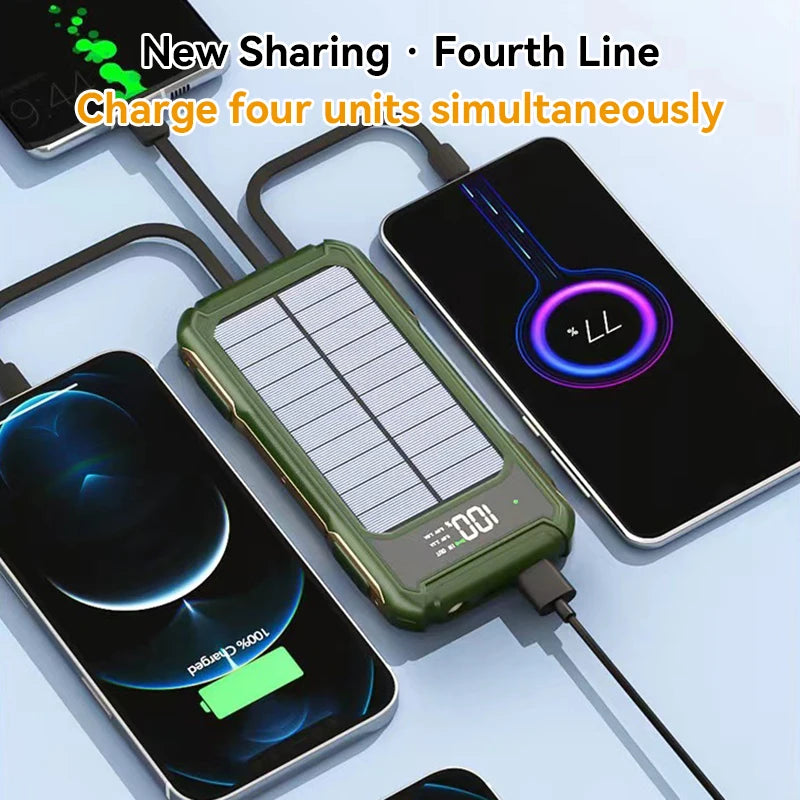 Solar Power Bank Portable 100000mAh Large Capacity Charger Fast Charging With Four Cables LED Lights Digital Display For Phones - Fortunato Store